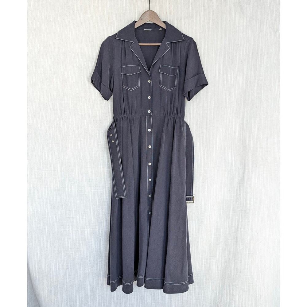 Elie Tahari Shirt Midi Dress Womens 6 Navy Linen Blend Short Sleeve Belted - Picture 2 of 10